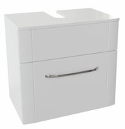 Moderner weißer Waschbeckenunterschrank mit einer Schublade und einem eleganten Metallgriff, Frontalansicht.
