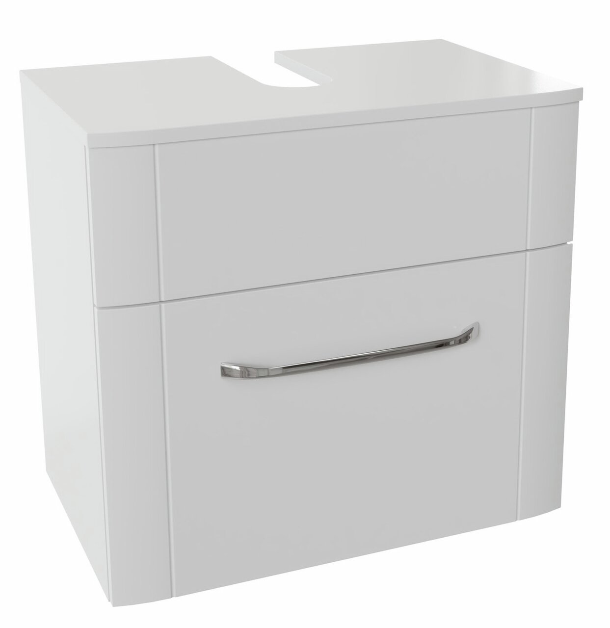 Moderner weißer Waschbeckenunterschrank mit einer Schublade und einem eleganten Metallgriff, Frontalansicht.