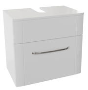 Moderner weißer Waschbeckenunterschrank mit einer Schublade und einem eleganten Metallgriff, Frontalansicht.