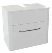 Moderne witte wastafelonderkast met één lade en een elegante metalen handgreep, gezien van voren.