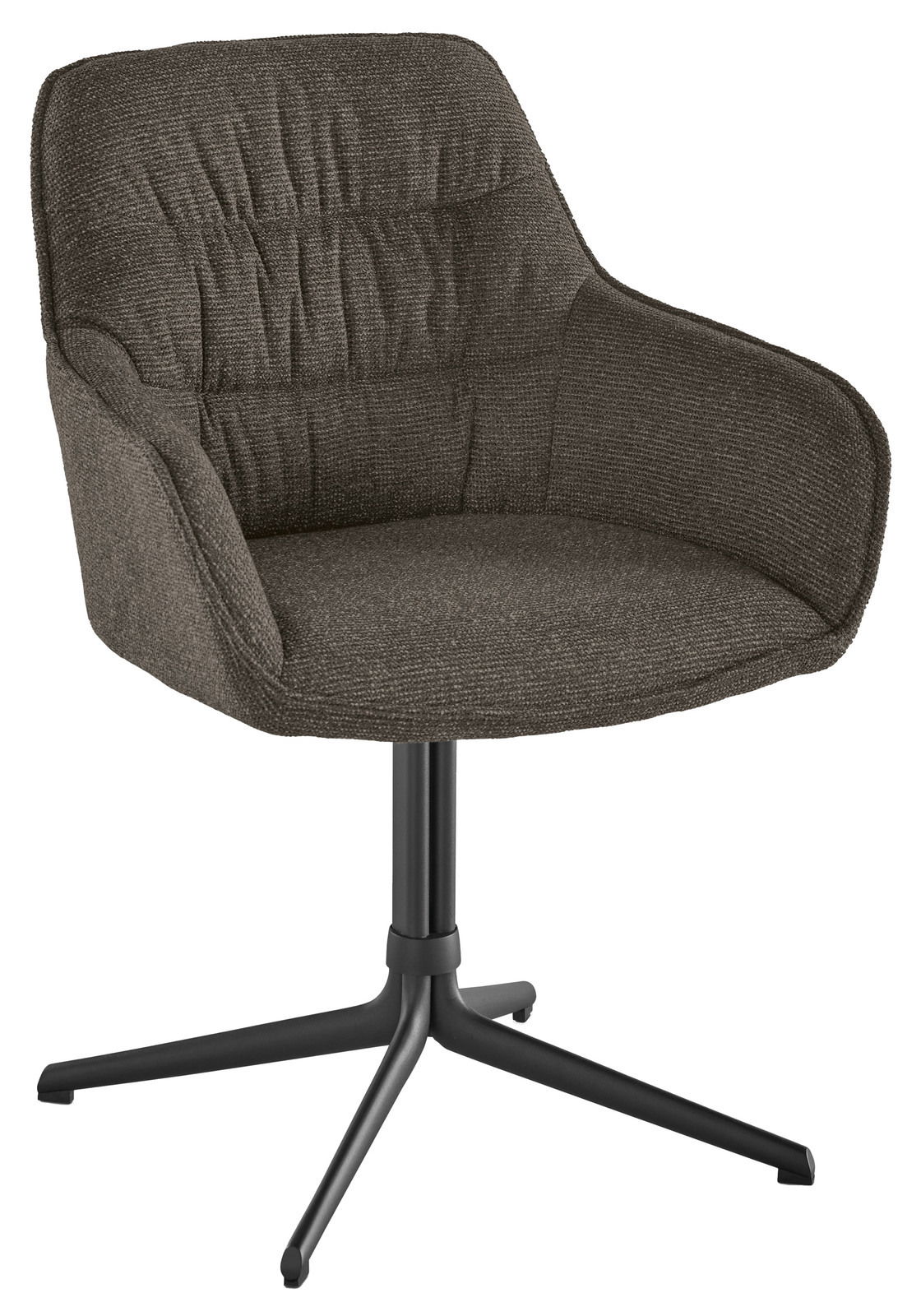 Musterring Armlehnstuhl MR XE 01 Brauner Armlehnstuhl mit gepolsterter Sitzfläche und Rückenlehne, auf schwarzem Drehgestell, seitliche Perspektive