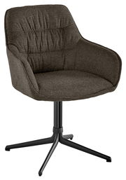 Brauner Armlehnstuhl mit gepolsterter Sitzfläche und Rückenlehne, auf schwarzem Drehgestell, seitliche Perspektive