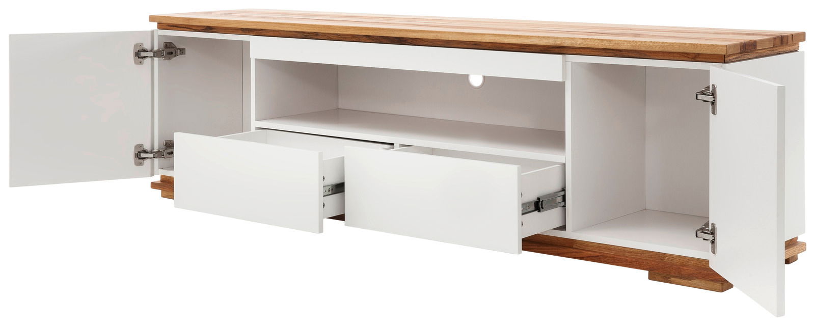 TV-Lowboard mit offenem Stauraum, zwei Schubladen und zwei Türen, aus Holz und weißem Material, Frontalansicht