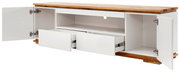 TV-Lowboard mit offenem Stauraum, zwei Schubladen und zwei Türen, aus Holz und weißem Material, Frontalansicht