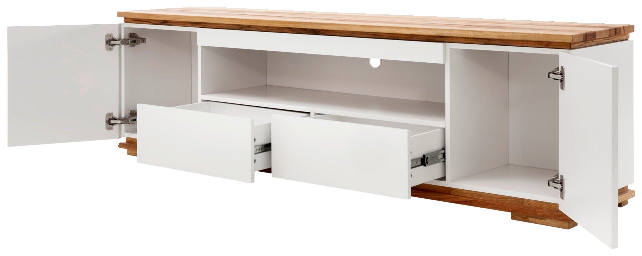 TV-Lowboard mit offenem Stauraum, zwei Schubladen und zwei Türen, aus Holz und weißem Material, Frontalansicht