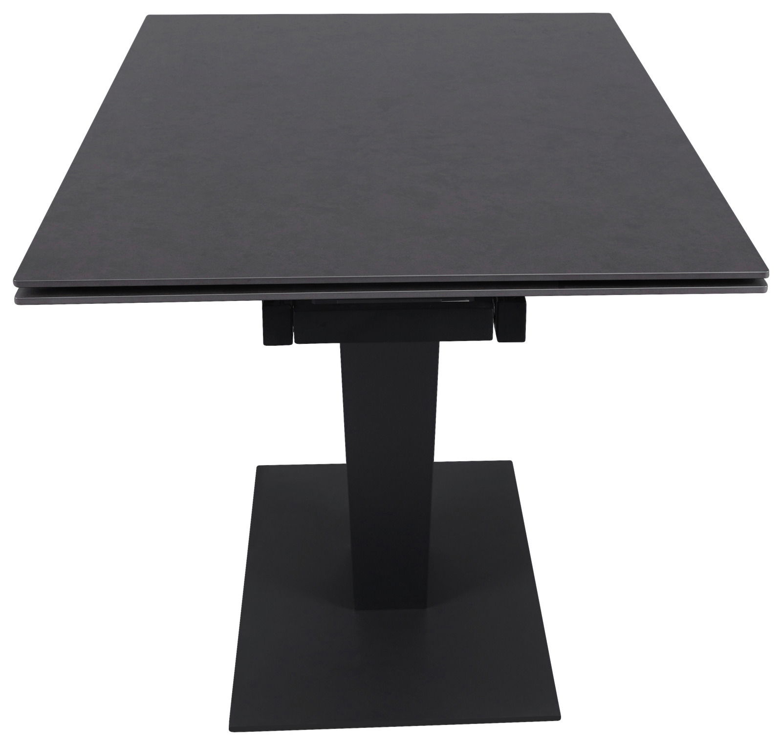 Moderner schwarzer Esstisch mit rechteckiger Tischplatte und zentralem Standfuß, Frontalansicht