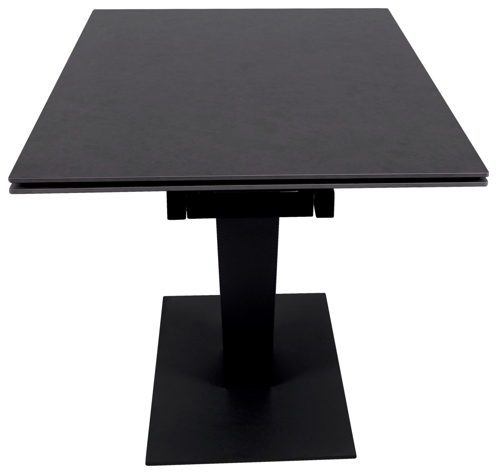 Moderner schwarzer Esstisch mit rechteckiger Tischplatte und zentralem Standfuß, Frontalansicht