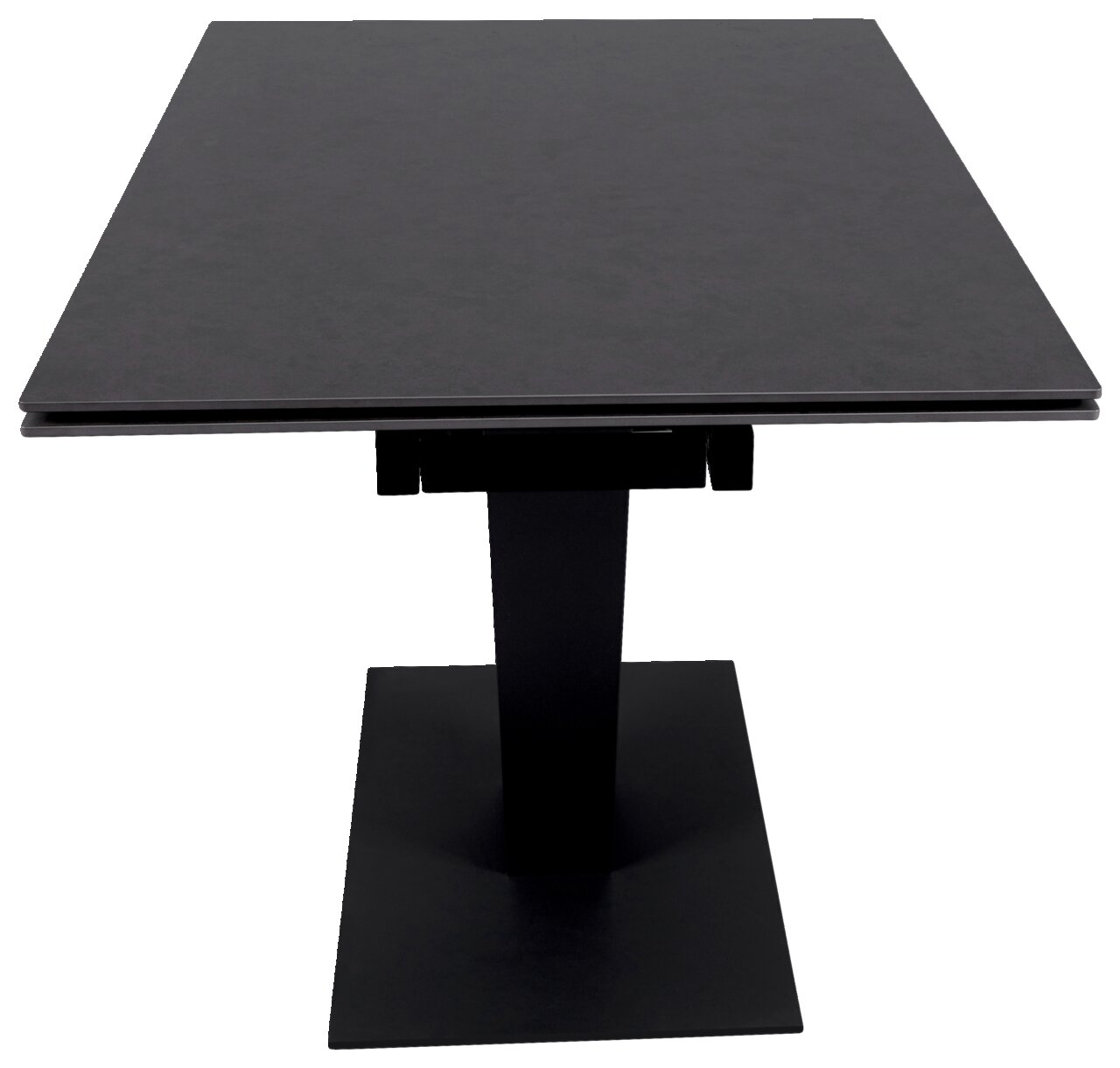 Moderne zwarte eettafel met rechthoekig tafelblad en centrale poot, vooraanzicht