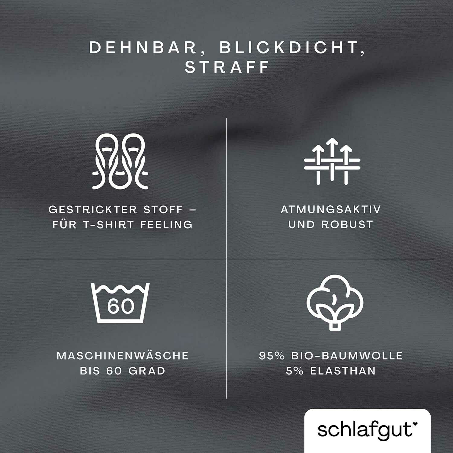 Spannbettlaken aus dehnbarem, blickdichtem Stoff, gestrickt für T-Shirt Feeling, atmungsaktiv und robust, maschinenwaschbar bis 60 Grad, besteht aus 95% Bio-Baumwolle und 5% Elasthan. Draufsicht auf das Material.