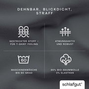 Spannbettlaken aus dehnbarem, blickdichtem Stoff, gestrickt für T-Shirt Feeling, atmungsaktiv und robust, maschinenwaschbar bis 60 Grad, besteht aus 95% Bio-Baumwolle und 5% Elasthan. Draufsicht auf das Material.