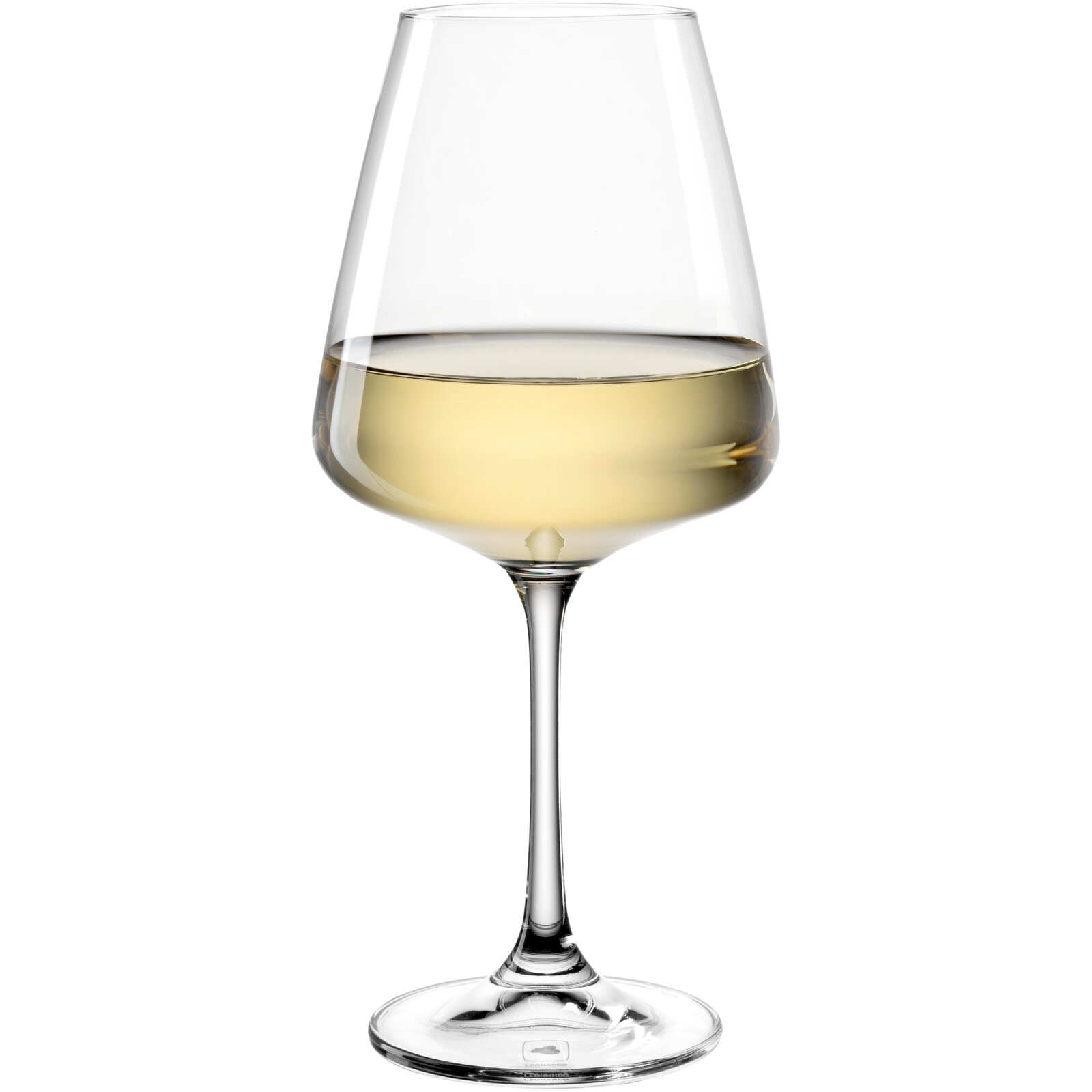 Witwijnglas met een inhoud van 540 ml, gevuld met witte wijn, zijaanzicht