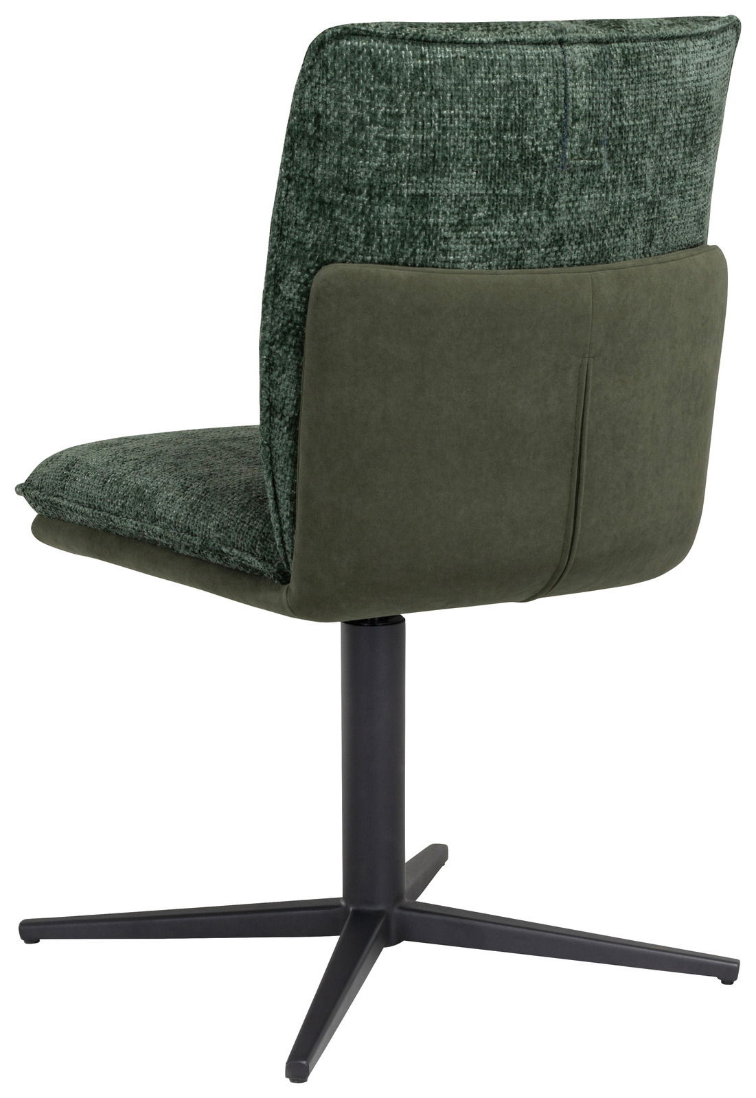 Rückansicht eines grünen Stuhls mit schwarzem Drehfuß und gepolsterter Rückenlehne.