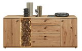 Frontansicht eines modernen Sideboards aus Holz mit dekorativer Baumrindenverkleidung und mehreren Schubladen und Türen.