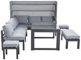 Frontale Ansicht eines modernen Dining-Lounge-Sets mit grauen Polstern und einem Tisch mit Glasplatte.