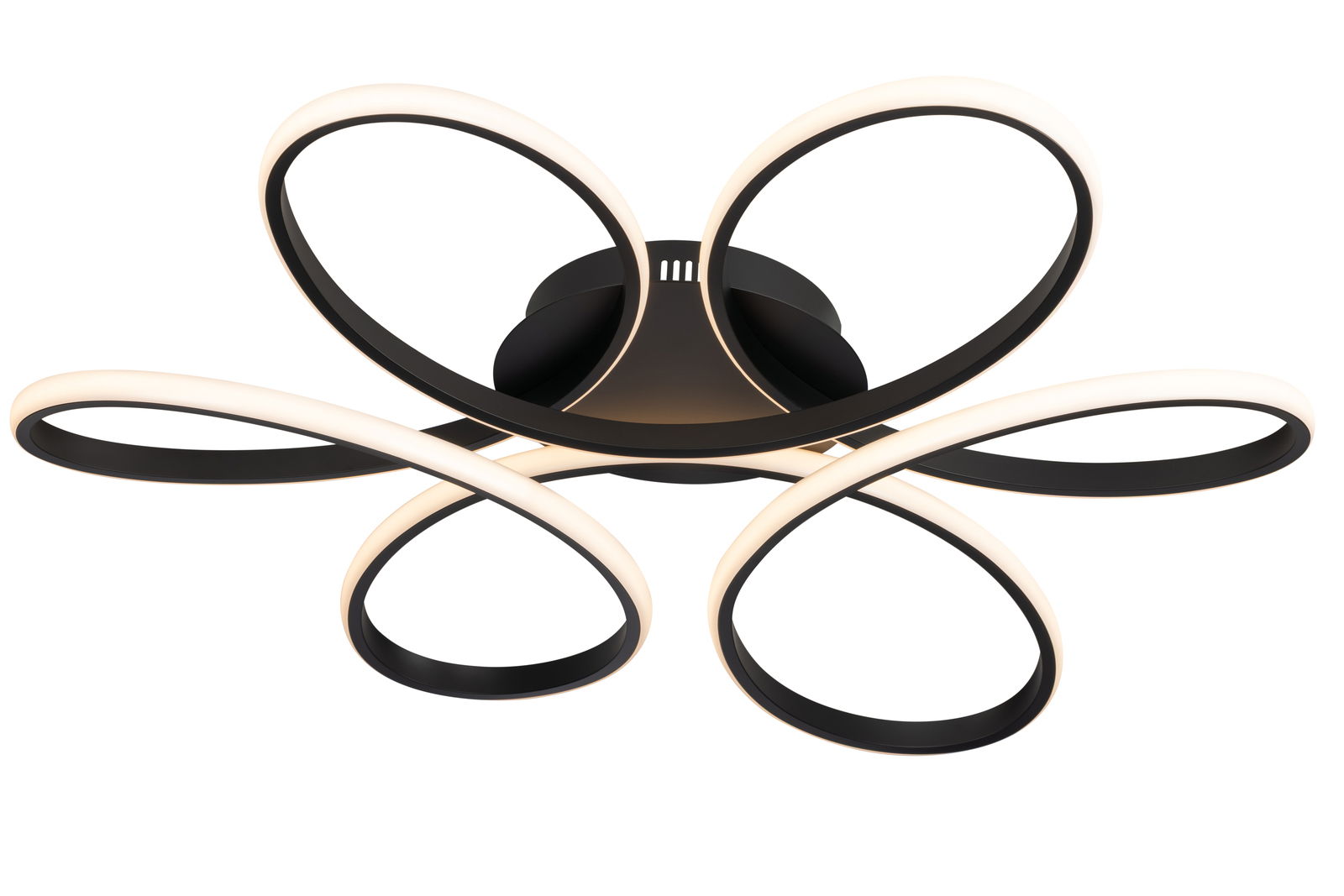 Moderne LED-Deckenleuchte mit geschwungenem Design, seitliche Perspektive