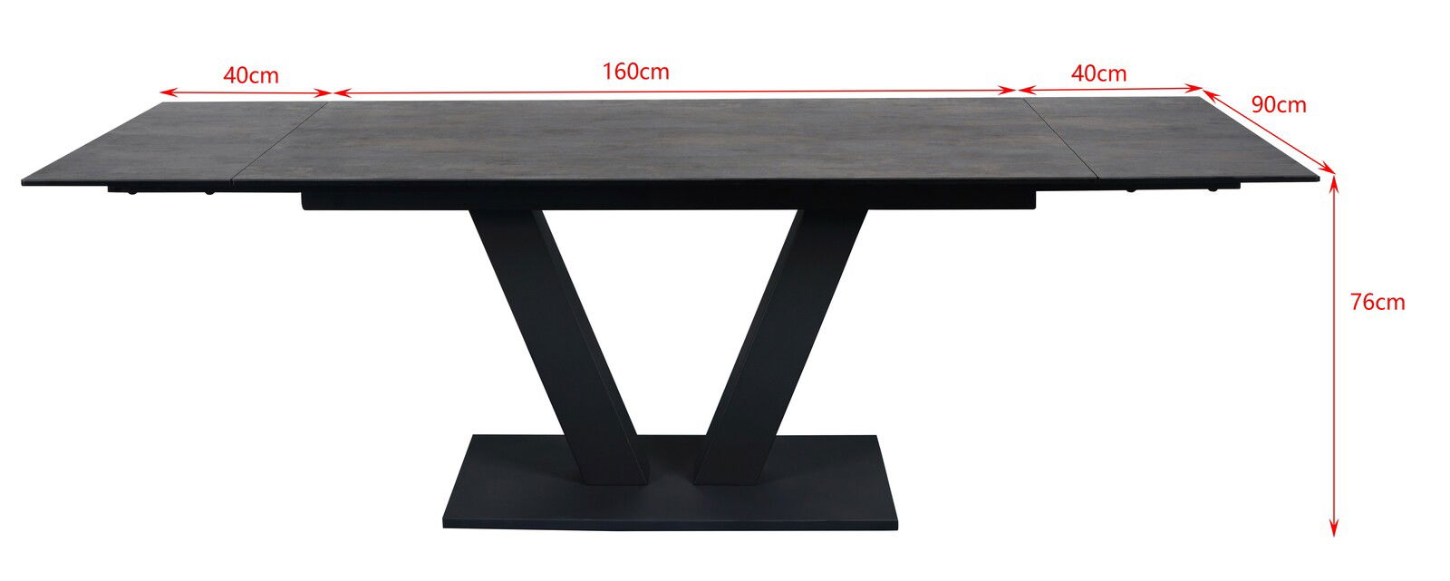 Moderner Esstisch mit V-förmigem Gestell, ausziehbar, in der Seitenansicht.