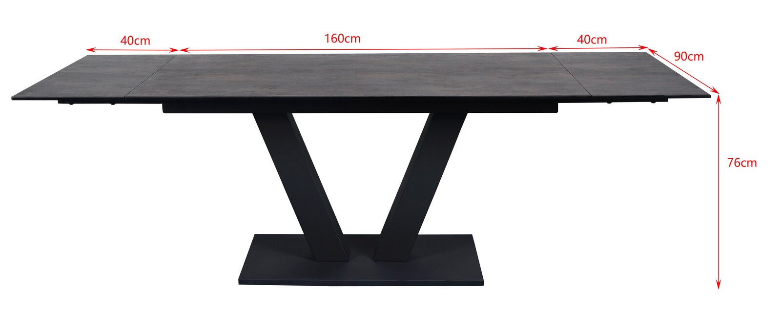 Moderner Esstisch mit V-förmigem Gestell, ausziehbar, in der Seitenansicht.