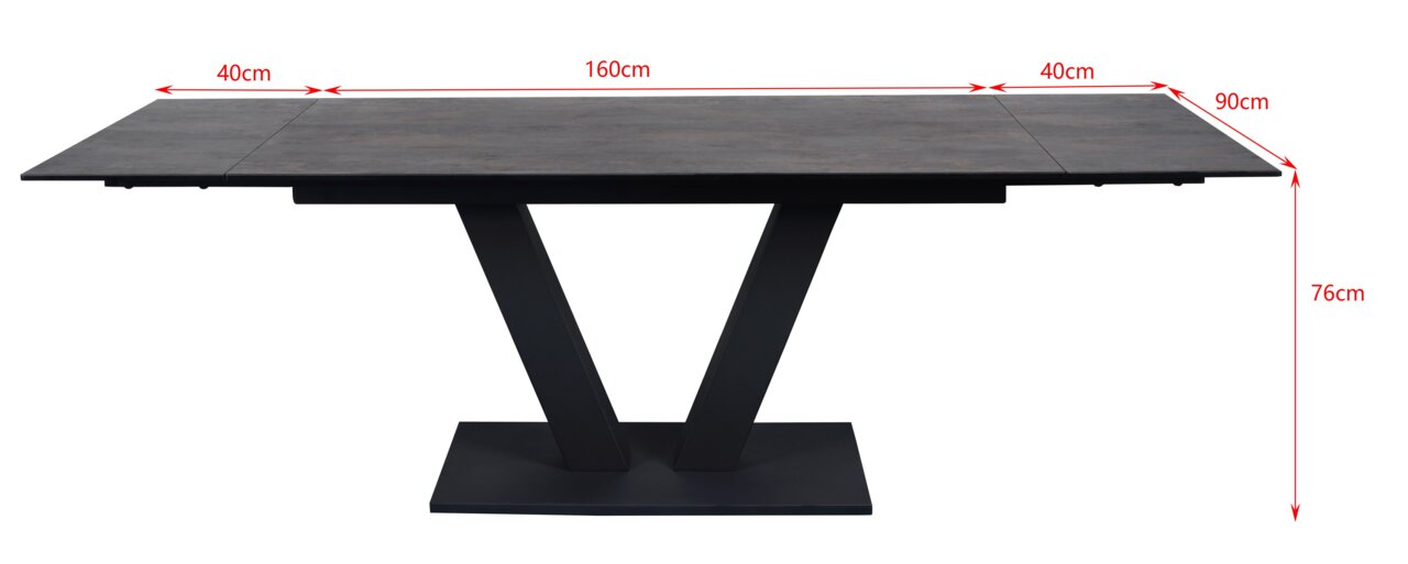 Moderner Esstisch mit V-förmigem Gestell, ausziehbar, in der Seitenansicht.