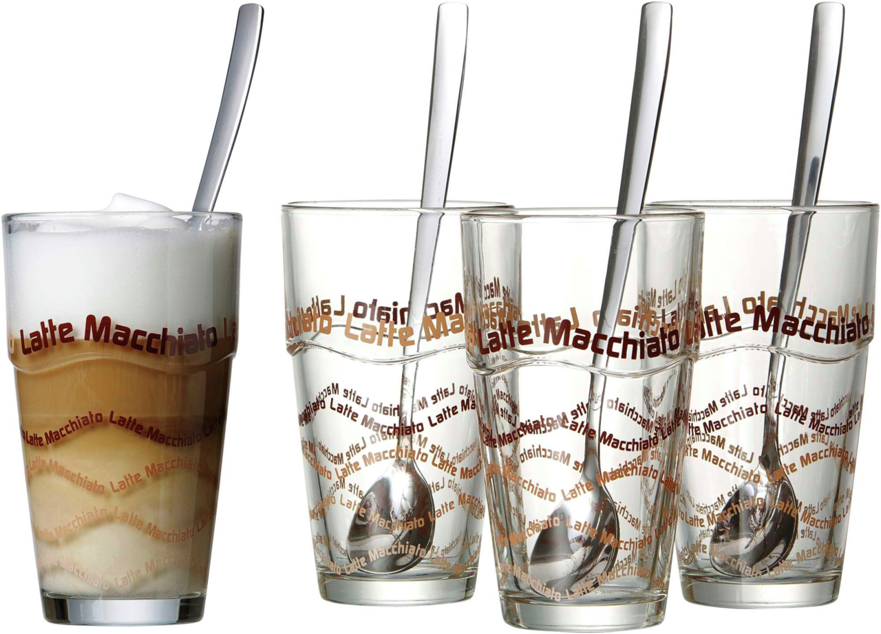 Ritzenhoff & Breker Latte-Macchiato Gläser 8er-Set Set aus vier Latte-Macchiato-Gläsern mit Löffeln, eines gefüllt mit Schaum und Kaffee, seitliche Perspektive