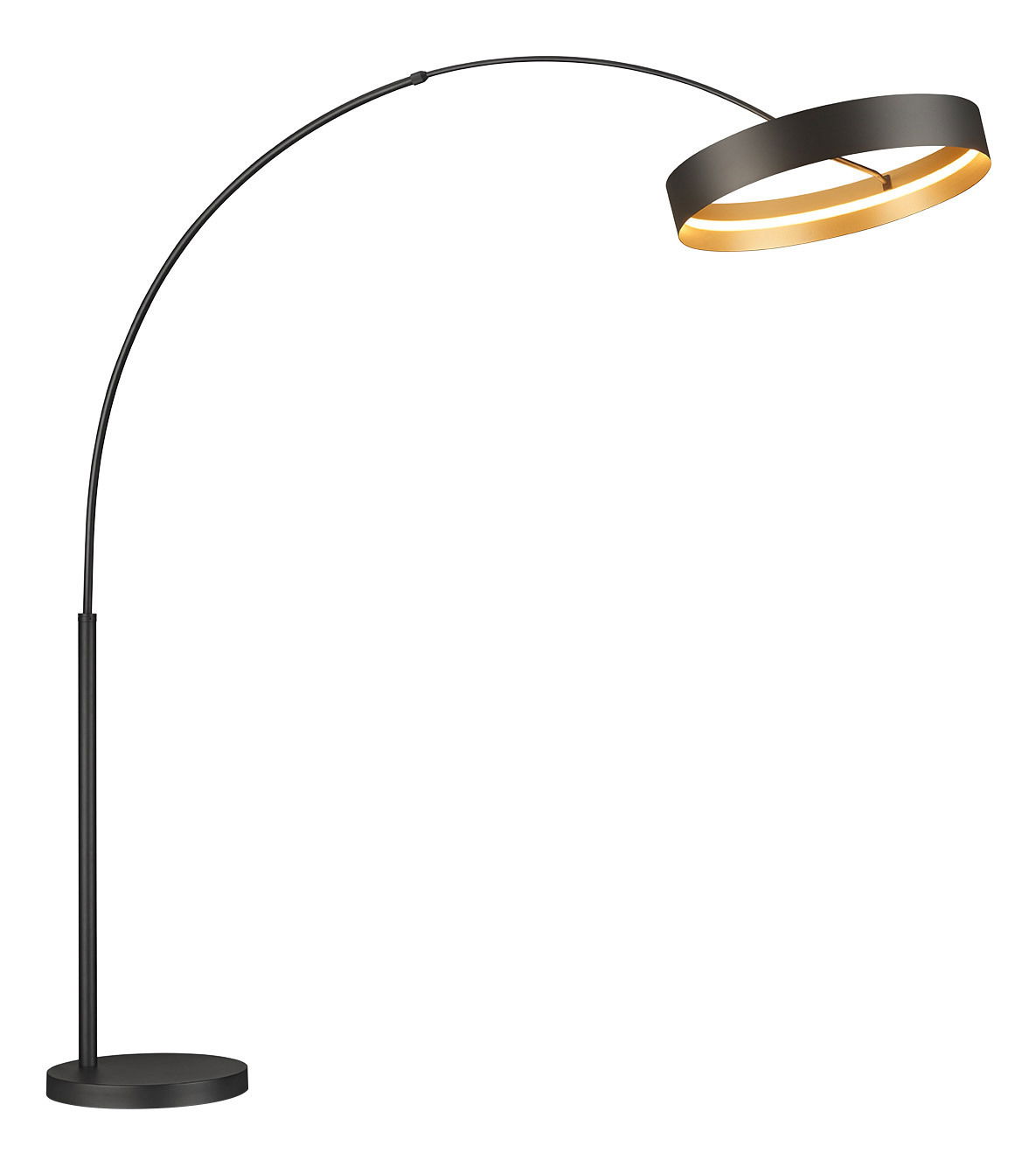 Moderne Stehleuchte LOOP mit gebogenem Arm und rundem Lampenschirm, seitliche Perspektive