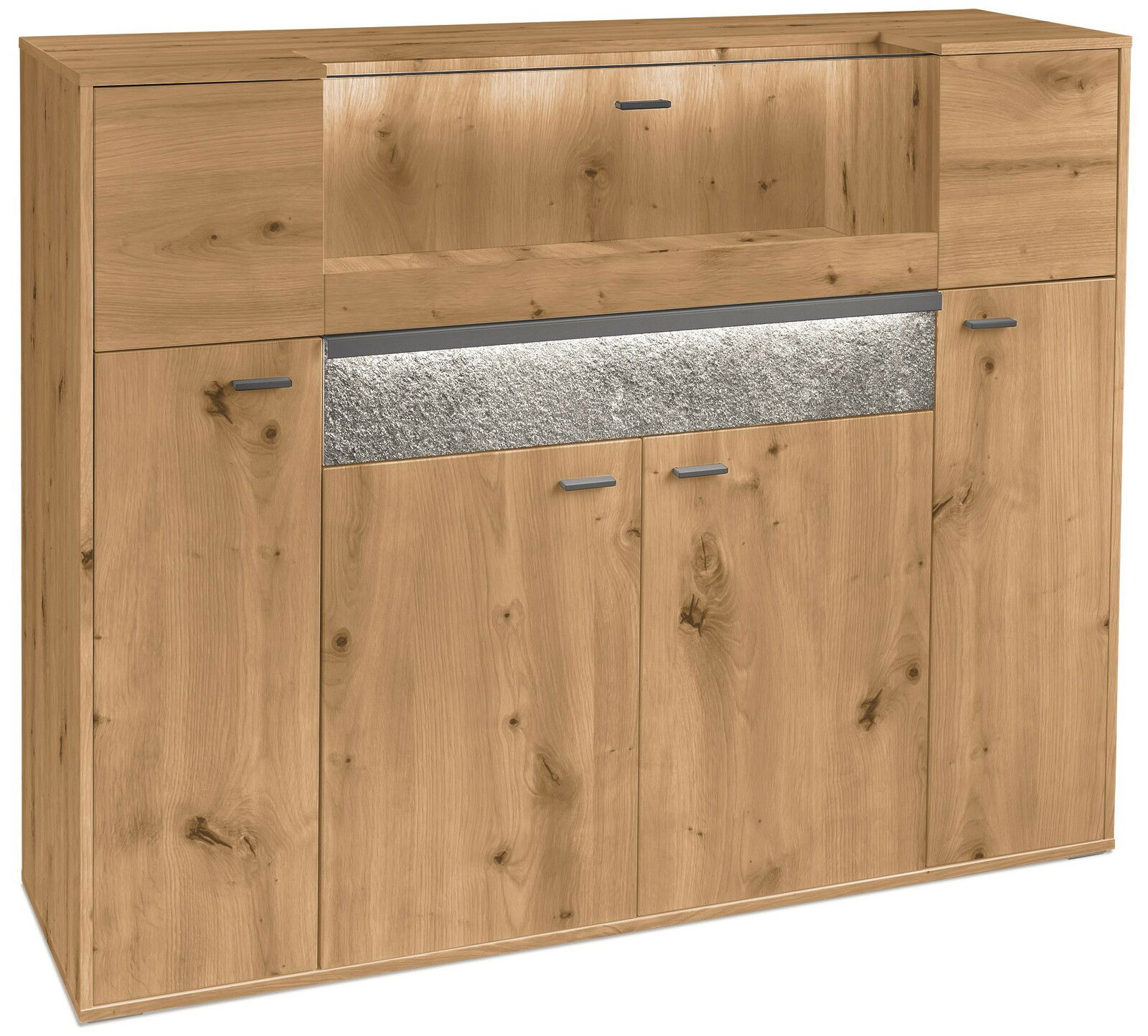 Hochwertiges Highboard aus Holz mit moderner Steinoptik in der Mitte, Frontalansicht