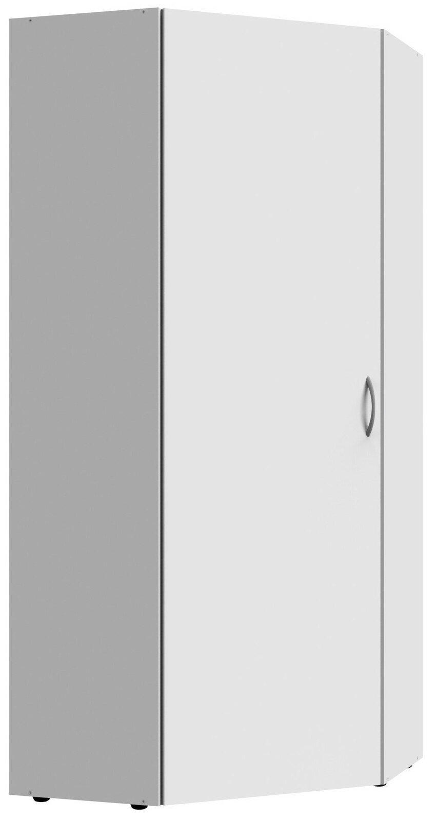 Eckschrank in Weiß mit grauem Griff, perspektivisch von vorne links gezeigt.