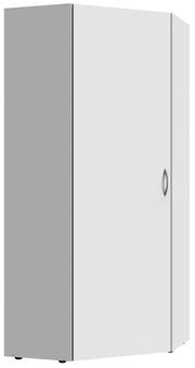 Eckschrank in Weiß mit grauem Griff, perspektivisch von vorne links gezeigt.