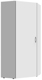 Eckschrank in Weiß mit grauem Griff, perspektivisch von vorne links gezeigt.