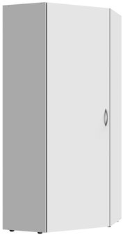 Eckschrank in Weiß mit grauem Griff, perspektivisch von vorne links gezeigt.