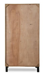 Rückansicht eines Vitrinenschranks aus Holz mit schwarzen Beinen.