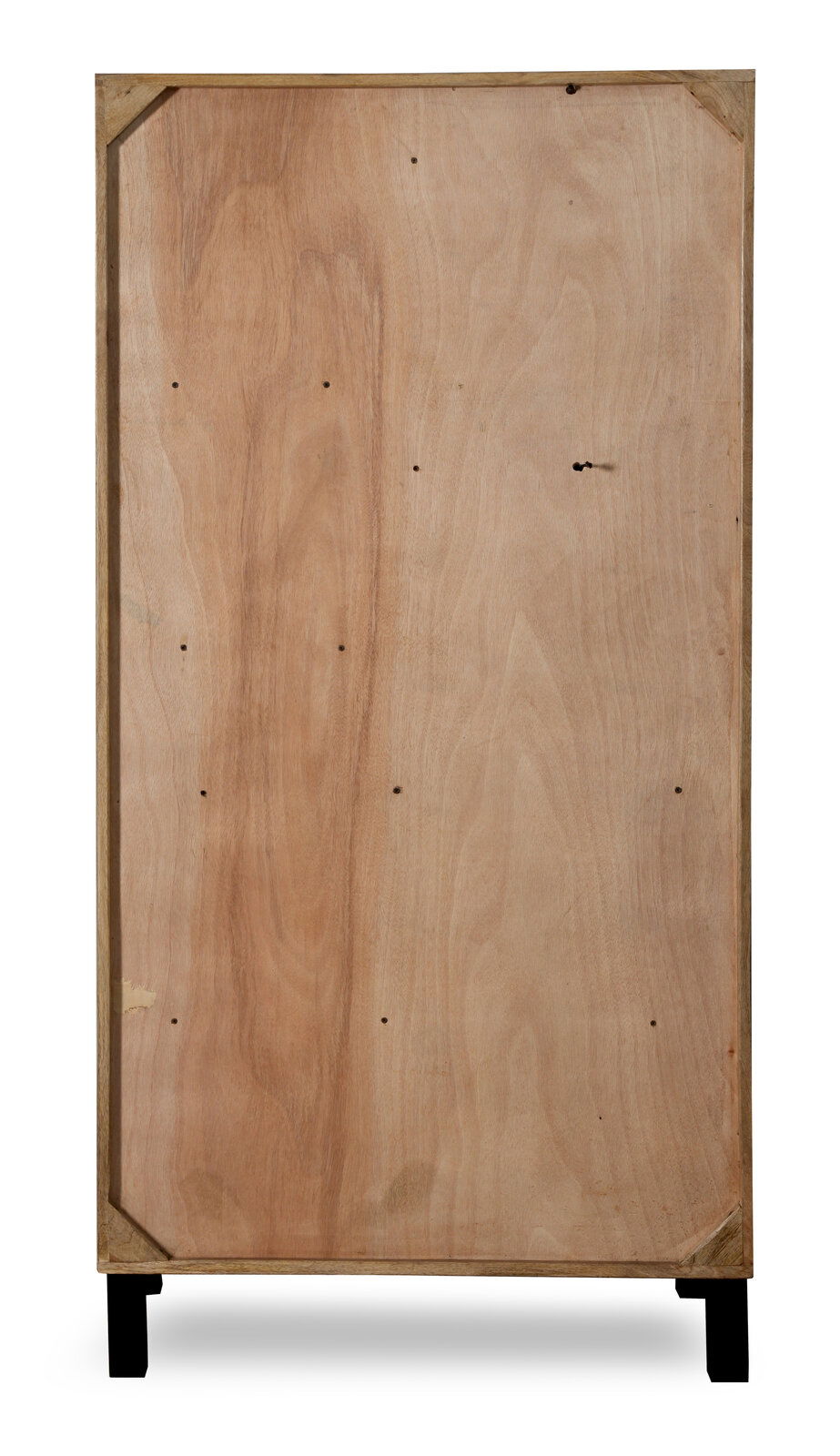 Rückansicht eines Vitrinenschranks aus Holz mit schwarzen Beinen.