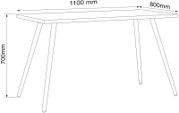 Technische Strichzeichnung eines rechteckigen Tisches mit schrägen Beinen, Maße 1100 x 800 mm und Höhe 700 mm, perspektivische Ansicht von schräg vorne oben.