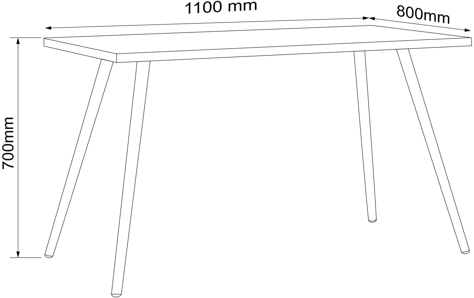 Technische Strichzeichnung eines rechteckigen Tisches mit schrägen Beinen, Maße 1100 x 800 mm und Höhe 700 mm, perspektivische Ansicht von schräg vorne oben.