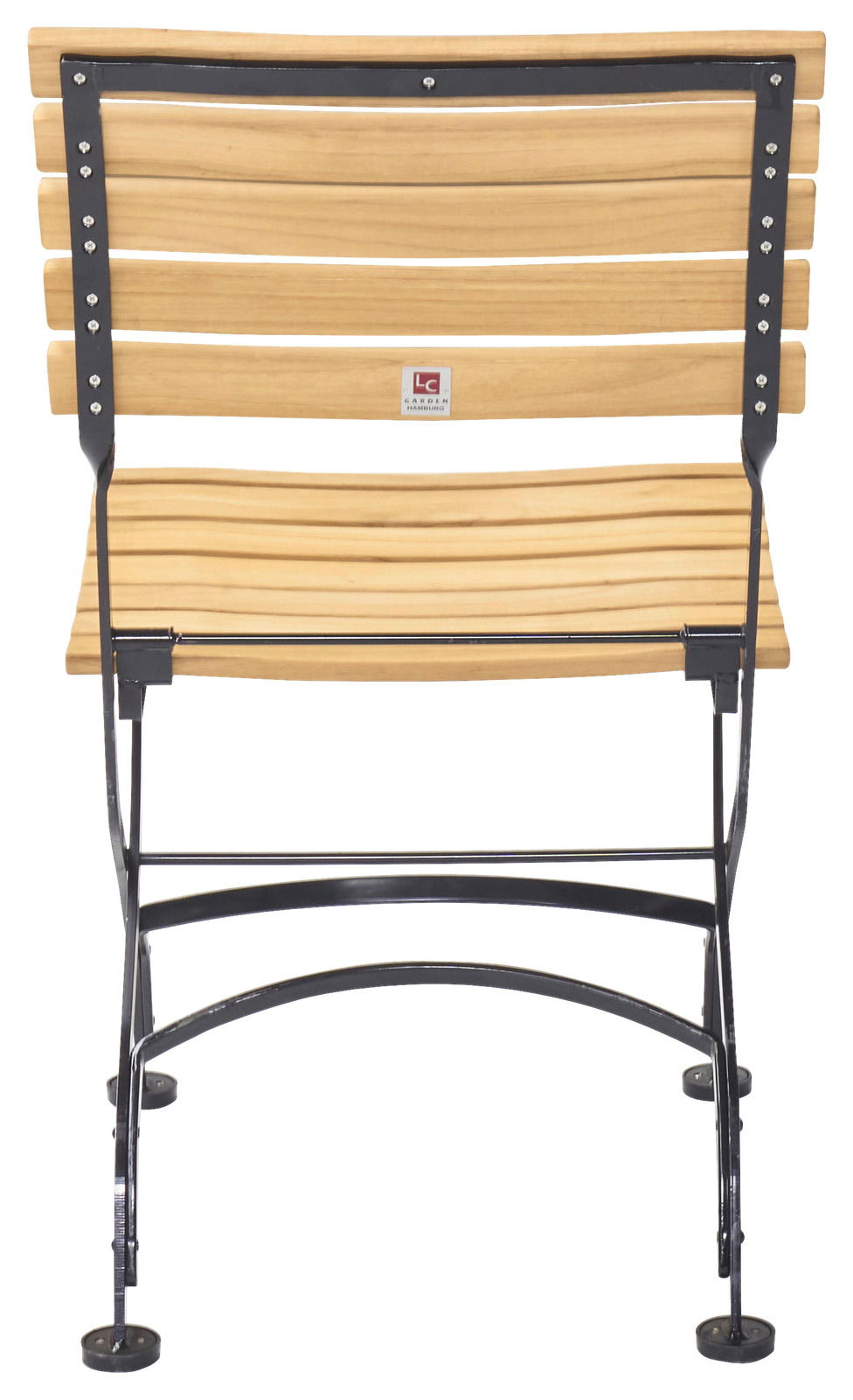 Rückansicht eines klappbaren Gartenstuhls mit Holzlatten und Metallrahmen.