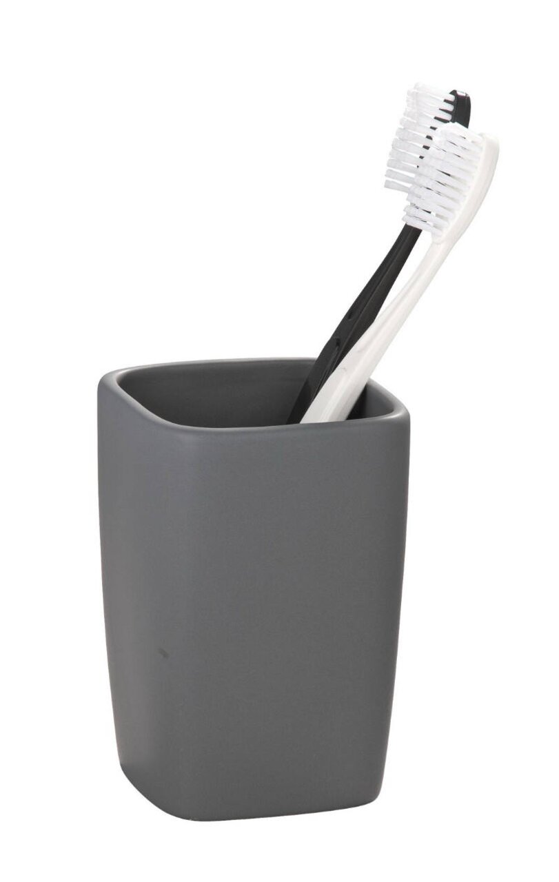 Wenko Keramik Zahnputzbecher Faro Grauer Keramik Zahnputzbecher Faro mit Zahnbürste, seitliche Perspektive