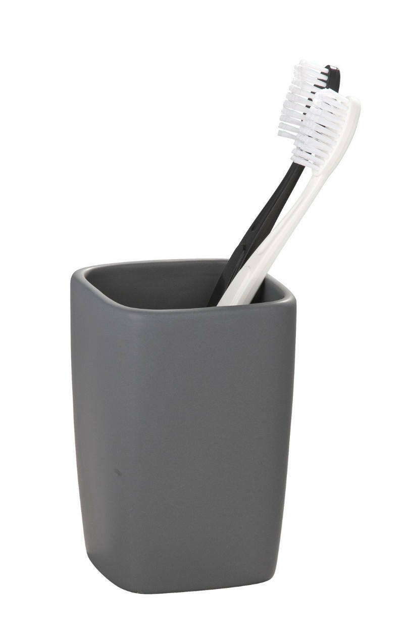 Grauer Keramik Zahnputzbecher Faro mit Zahnbürste, seitliche Perspektive