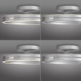 Moderne Deckenleuchte PURE Loop in silberner Ausführung, seitliche Perspektive, mit leuchtendem LED-Ring.