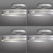 Moderne Deckenleuchte PURE Loop in silberner Ausführung, seitliche Perspektive, mit leuchtendem LED-Ring.