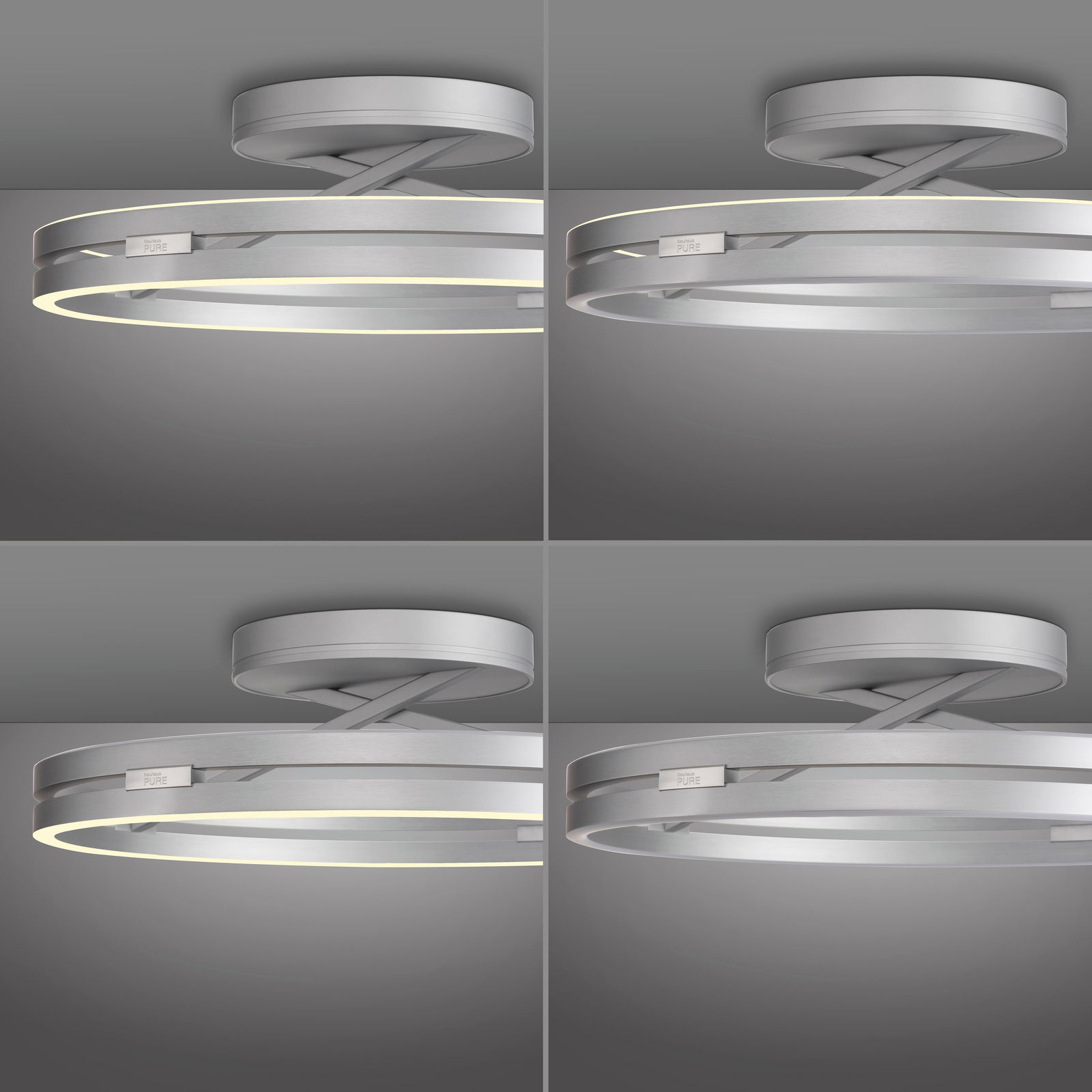 Moderne Deckenleuchte PURE Loop in silberner Ausführung, seitliche Perspektive, mit leuchtendem LED-Ring.