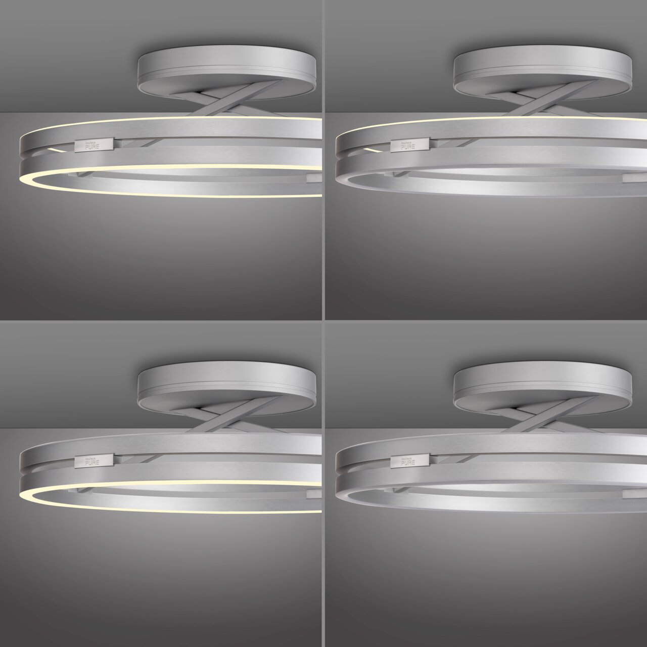 Moderne Deckenleuchte PURE Loop in silberner Ausführung, seitliche Perspektive, mit leuchtendem LED-Ring.