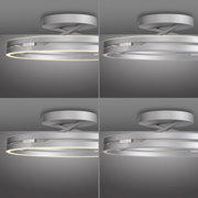 Moderne Deckenleuchte PURE Loop in silberner Ausführung, seitliche Perspektive, mit leuchtendem LED-Ring.