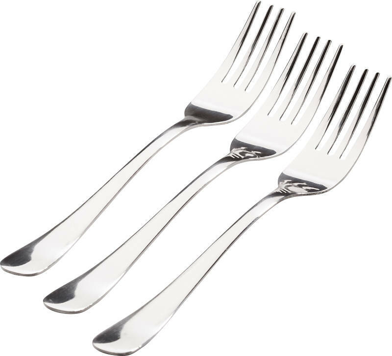 Drei glänzende Menügabeln aus Edelstahl, schräg von oben fotografiert.