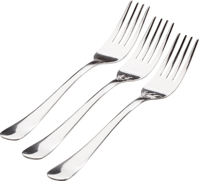 Drei glänzende Menügabeln aus Edelstahl, schräg von oben fotografiert.