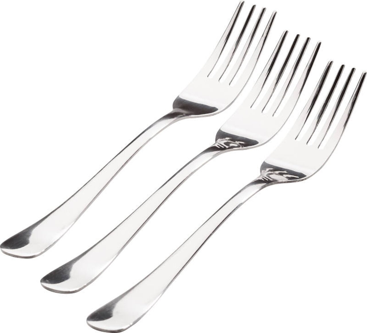 Drei glänzende Menügabeln aus Edelstahl, schräg von oben fotografiert.