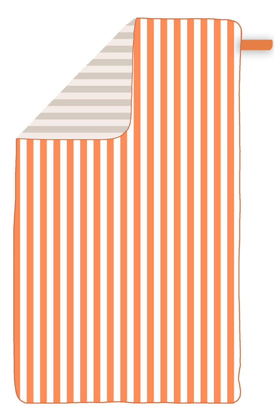 Gestreiftes Sporttuch in Orange und Weiß, Vorderansicht mit umgeschlagener Ecke, zeigt beidseitiges Streifenmuster.