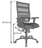 Ergonomischer Drehstuhl mit Netzrückenlehne, verstellbarer Sitzhöhe und Armlehnen, seitliche Ansicht