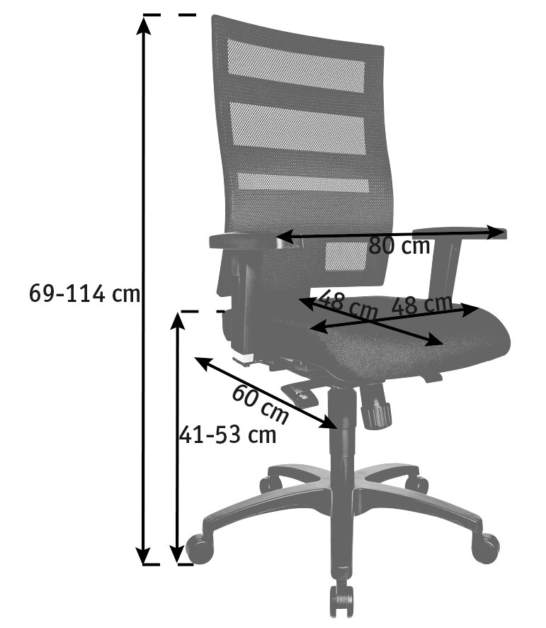 Ergonomischer Drehstuhl mit Netzrückenlehne, verstellbarer Sitzhöhe und Armlehnen, seitliche Ansicht