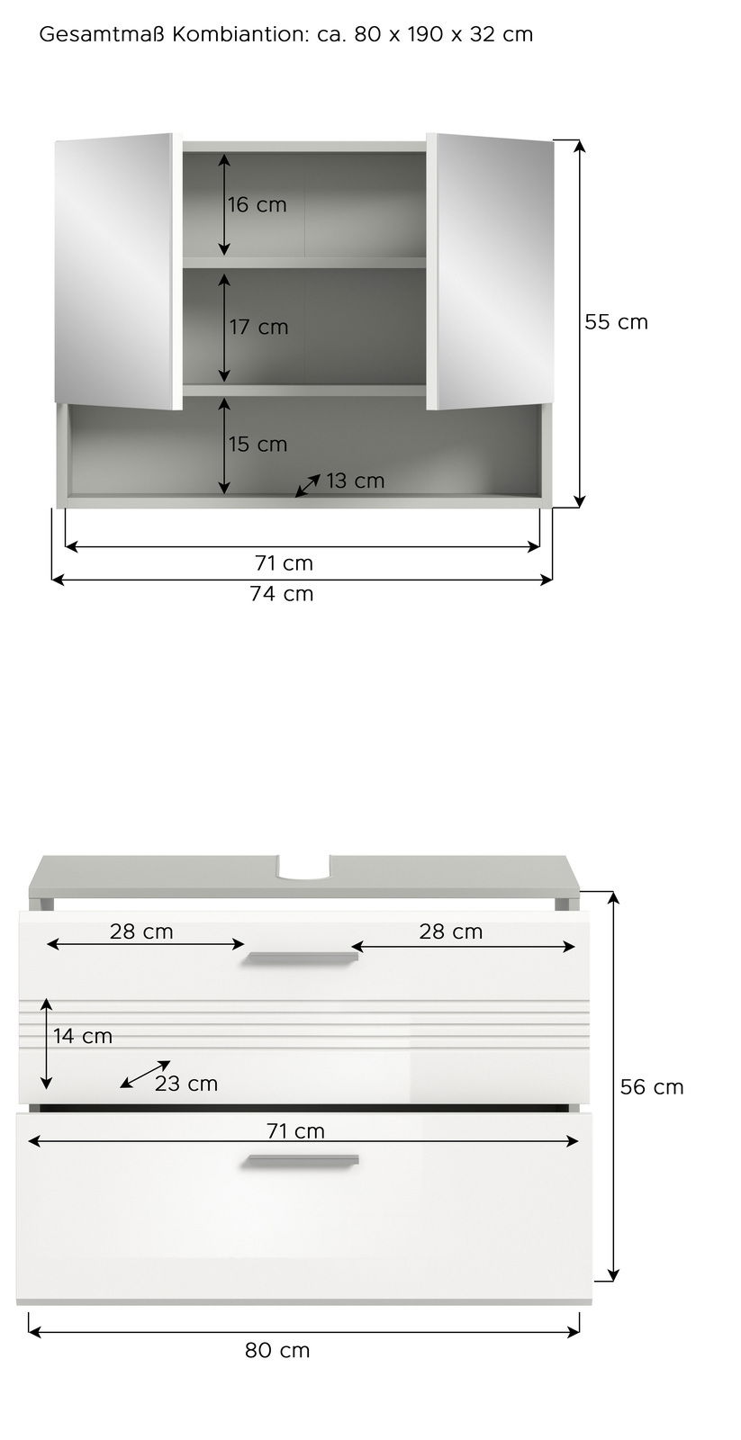 Frontale Ansicht einer Badkombination mit Spiegelschrank und Unterschrank, Gesamtmaße ca. 80 x 190 x 32 cm.