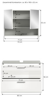 Frontale Ansicht einer Badkombination mit Spiegelschrank und Unterschrank, Gesamtmaße ca. 80 x 190 x 32 cm.