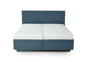 Polsterbett in blauer Farbe mit zwei weißen Matratzen, Vorderansicht
